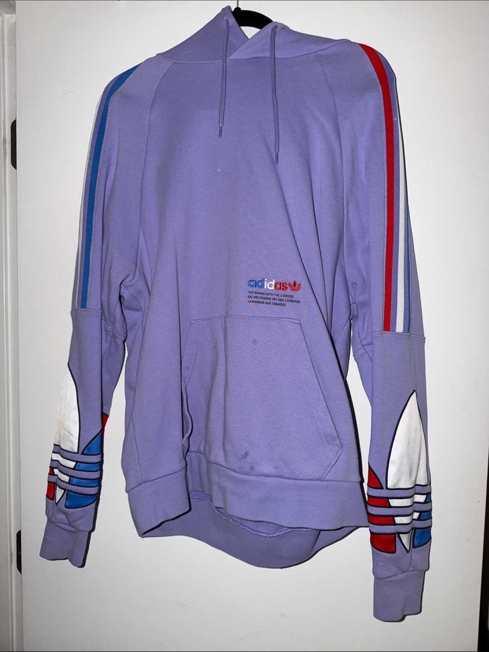 adidas Lavender Crewneck Hoodie with Red & Blue Stripe Accents
